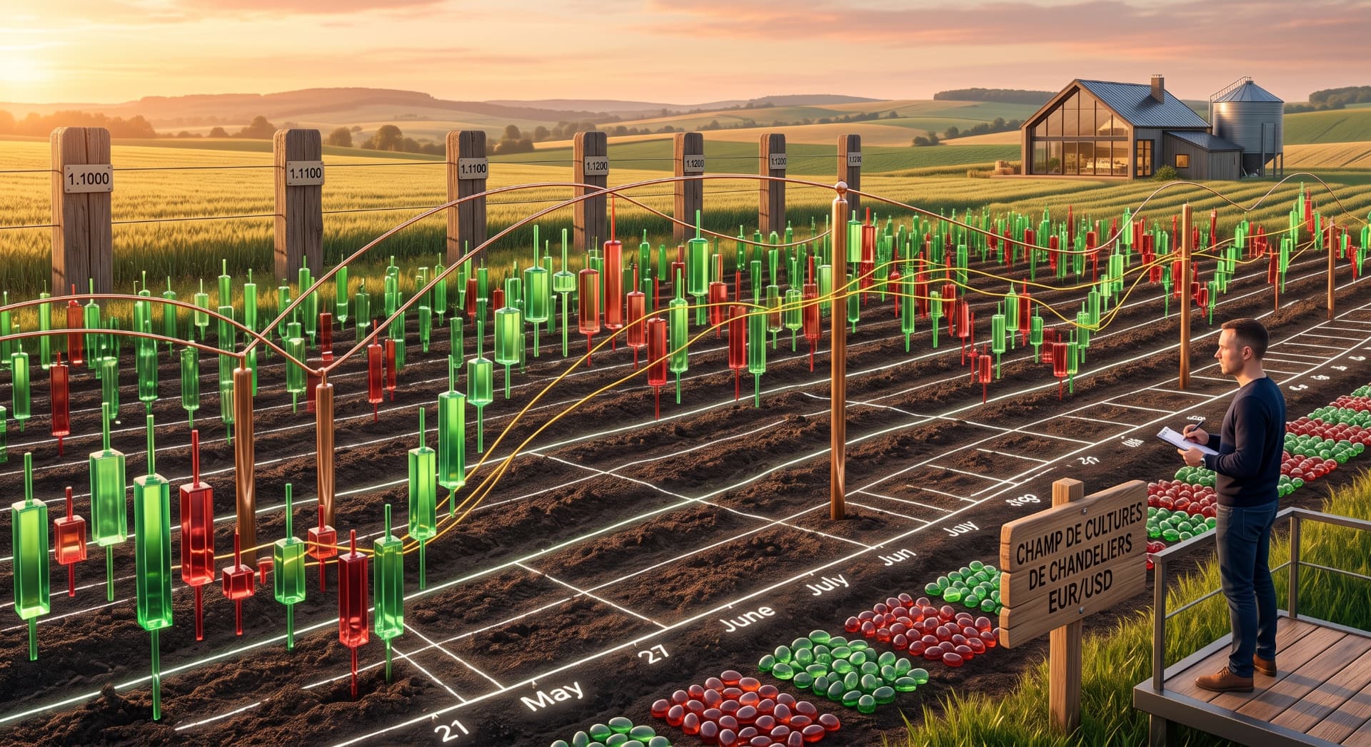 Farm field at sunset where green and red trading candlesticks grow from the soil